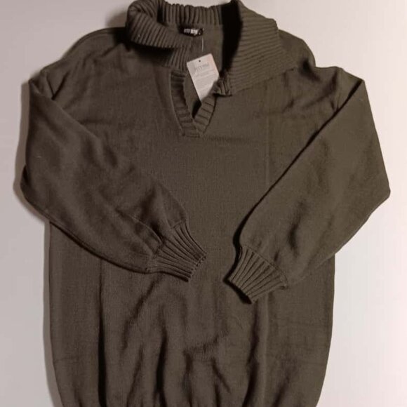 BTFBM V-Neck Collared Stretchy Knit Mini Sweater Dress Balloon Sleeve - Picture 1 of 5